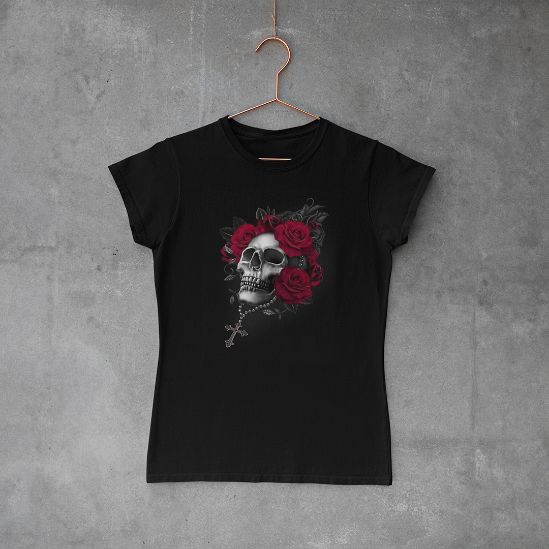 Camiseta Baby Look - Flowers And Bones